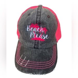 Beach Please Women’s Embroidered Distressed Gray & Pink Adjustable Baseball Cap